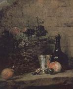 Jean Baptiste Simeon Chardin Silver wine bottle grapes peaches plums and pears oil painting